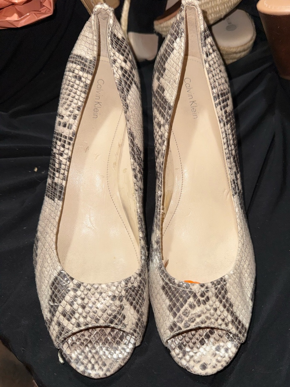 Calvin Klein Women's Snake-Print Peep-Toe Heels in Beige and Black